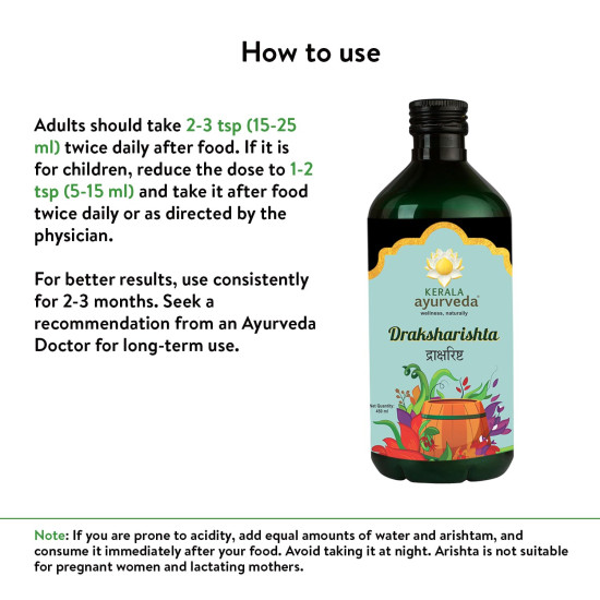 Kerala Ayurveda Draksharishta 450 ml | For Anemia | Non-Constipating Iron Tonic | Herbal Blood Purifier | To Flush Out Blood Impurities | For General Debility | No Artificial Flavors | With, Draksha, Tvak, Ela, Nagakesar, Vidanga, Dhataki, and Jaggery |