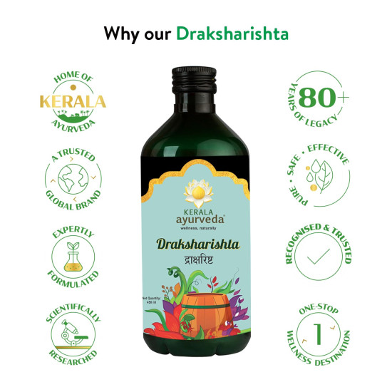 Kerala Ayurveda Draksharishta 450 ml | For Anemia | Non-Constipating Iron Tonic | Herbal Blood Purifier | To Flush Out Blood Impurities | For General Debility | No Artificial Flavors | With, Draksha, Tvak, Ela, Nagakesar, Vidanga, Dhataki, and Jaggery |