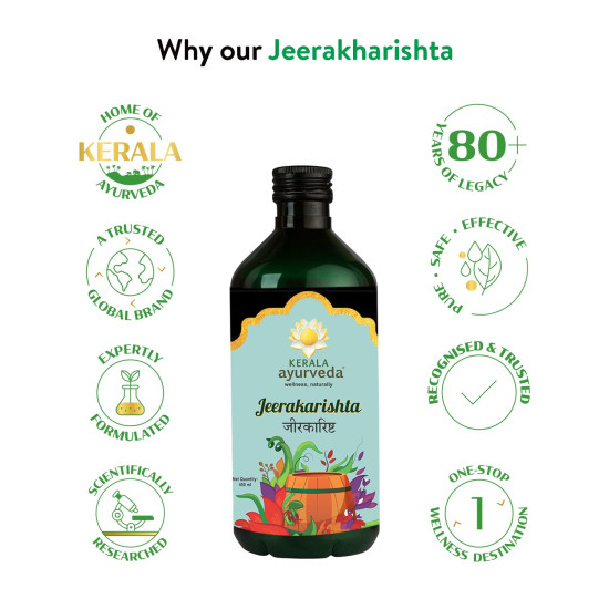 Kerala Ayurveda Jeerakarishta 450ml | Postpartum Digestive Tonic| No Artificial Flavors | Better Digestive Health- Post Delivery| 100% Ayurvedic| With Jeera, Dhataki, Sunthi, Jatiphala, Mustaka, Yavani, and Guda