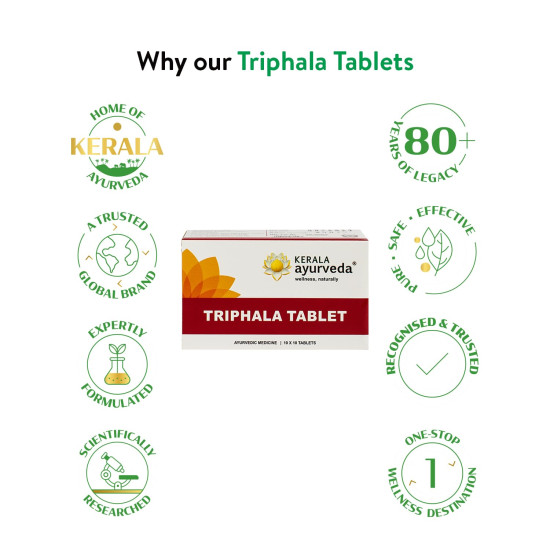 Kerala Ayurveda Triphala Tablet | Helps with Gut Health, Constipation | 100% Ayurvedic Medicine for Constipation | Regulates Bowel movement | Wild Amla, Haritaki, Vibhitaki| 100 Tablets