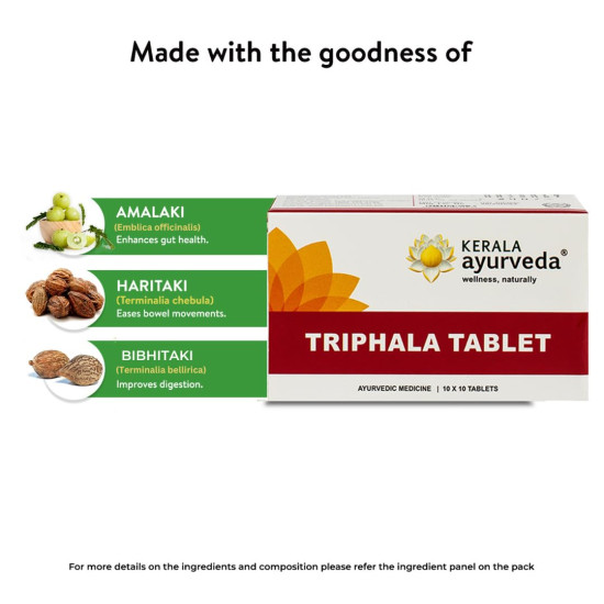 Kerala Ayurveda Triphala Tablet | Helps with Gut Health, Constipation | 100% Ayurvedic Medicine for Constipation | Regulates Bowel movement | Wild Amla, Haritaki, Vibhitaki| 100 Tablets