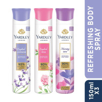 Yardley London Daily Use Deodorant Body Sprays for Women| English Lavender, English Rose, & Morning Dew Deodorant Assorted Pack| 90% Naturally Derived| 150ml Each Yardley London Daily Use Deodorant Body Sprays for Women| English Lavender, English Rose, & Morning Dew Deodorant Assorted Pack| 90% Naturally Derived| 150ml Each