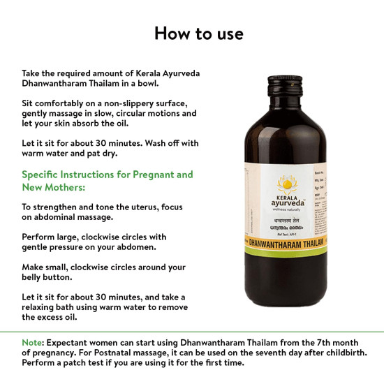 Kerala Ayurveda Dhanwantharam Thailam 450 Ml | For Pre & Post Natal Massage | Soothing Massage Oil for Pregnant Belly | For Pregnancy Massage | Control Stretch Marks| Complete Nourishment Oil | Abhyanga Oil for Men & Women | With Bala, Ashwagandha