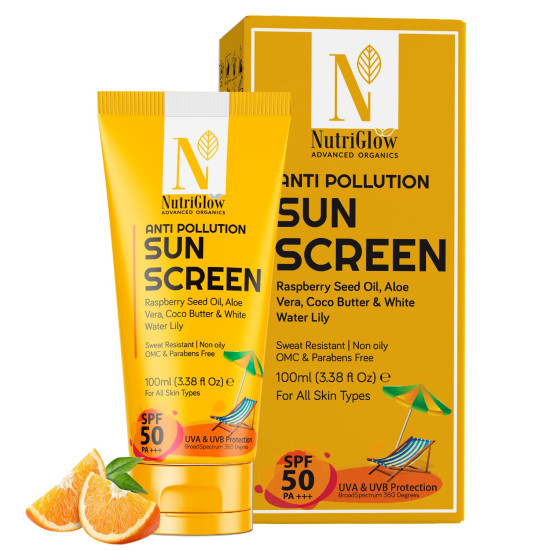 NutriGlow Advanced Organics Anti Pollution Sun Screen SPF 50 PA+++ For Non Greasy Daily Moisturizer With Broad Specrtrum For Dry, Damage and Tan Free Skin, All Skin Types, (100 ml)