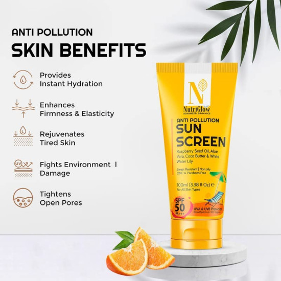 NutriGlow Advanced Organics Anti Pollution Sun Screen SPF 50 PA+++ For Non Greasy Daily Moisturizer With Broad Specrtrum For Dry, Damage and Tan Free Skin, All Skin Types, (100 ml)