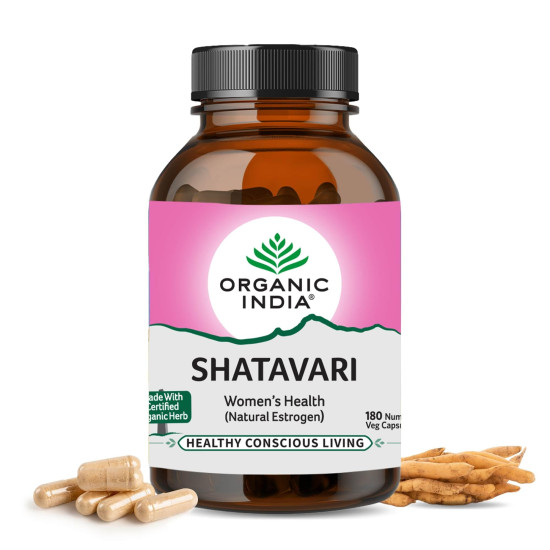 A TATA Product - Organic India Shatavari - 180 Veg Capsules, With Natural Plant Based Estrogens, Boosts Health & Vitality For Women Of All Ages & Restore Hormonal Balance, GMP & NPOP Certified Organic