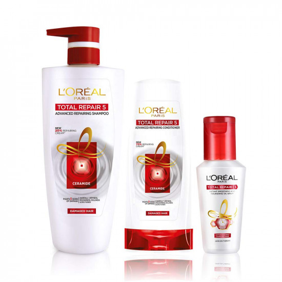 L'Oreal Paris Total Repair 5 Shampoo 704ml Combo with Conditioner, 192.5ml + Serum, 40ml FREE