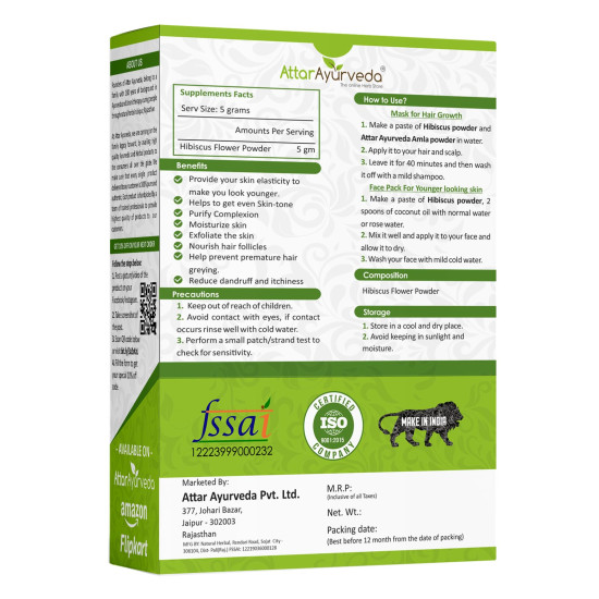 Attar Ayurveda Hibiscus powder for hair growth (100 Grams) | Ideal for Hair pack, Face pack, Eating, and Hibiscus tea | Gudhal Ka Phool Powder | 100% Pure and Natural, No Preservatives