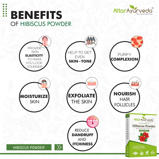 Attar Ayurveda Hibiscus powder for hair growth (100 Grams) | Ideal for Hair pack, Face pack, Eating, and Hibiscus tea | Gudhal Ka Phool Powder | 100% Pure and Natural, No Preservatives
