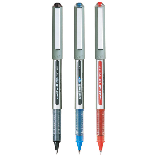 Uniball Eye UB157 0.7mm Roller Ball Pen | Blue, Black & Red Ink, Pack of 3