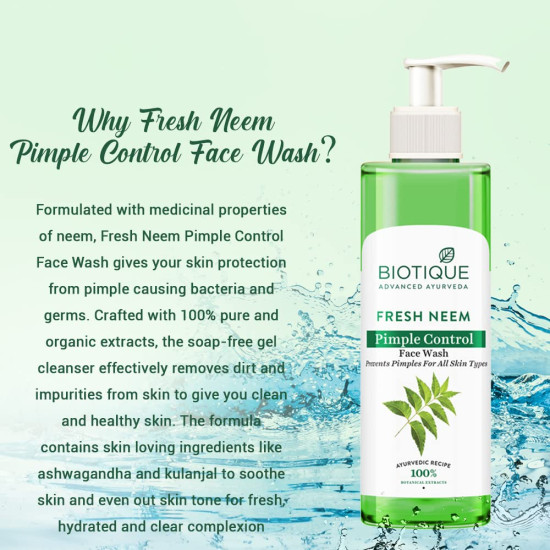 Biotique Fresh Neem Pimple Control Face Wash| Ayurvedic and Organically Pure| Prevents Pimples |100% Botanical Extracts| Suitable for All Skin Types | 200mL