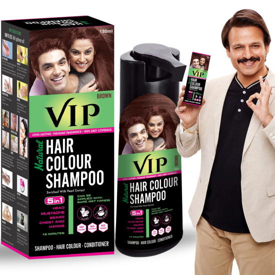 VIP Brown Hair Colour Shampoo, 180ml for Women and Men | Quick & Easy Grey Coverage in 15 Mins | Alternate to Hair Dye | Salon like Hair Color at Home