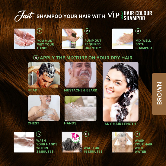 VIP Brown Hair Colour Shampoo, 180ml for Women and Men | Quick & Easy Grey Coverage in 15 Mins | Alternate to Hair Dye | Salon like Hair Color at Home