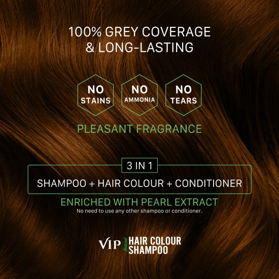 VIP Brown Hair Colour Shampoo, 180ml for Women and Men | Quick & Easy Grey Coverage in 15 Mins | Alternate to Hair Dye | Salon like Hair Color at Home