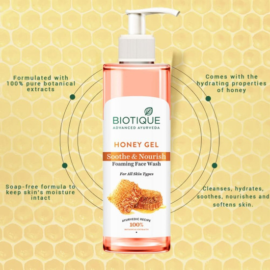 Biotique Honey Gel Soothe & Nourish Foaming Face wash | Soap Free Formula | Reduce Dryness | 100% Botanical Extracts | Suitable for All Skin Types | 200ml