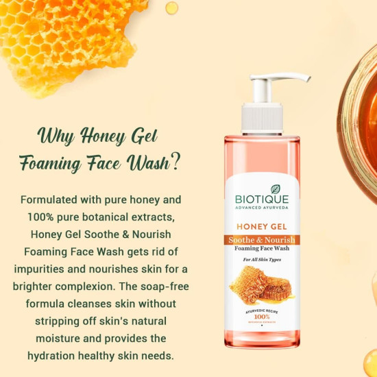 Biotique Honey Gel Soothe & Nourish Foaming Face wash | Soap Free Formula | Reduce Dryness | 100% Botanical Extracts | Suitable for All Skin Types | 200ml