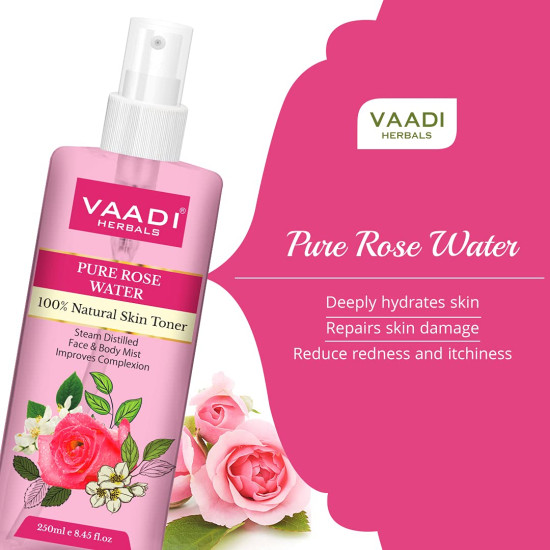 VAADI HERBALS Rose Water For Healthy&Hydrated Skin-100% Natural&Pure Rose Water Reduces Skin Redness,Itchiness And Inflamation Improves Skin Complexion Prevents Skin Ageing Alcohol Free-250Ml