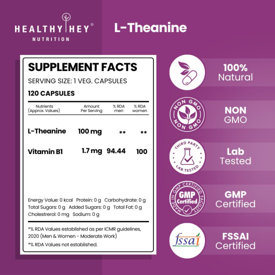 HealthyHey Nutrition L-Theanine -Support Relaxation -Pack of 120 Vegetarian Capsules