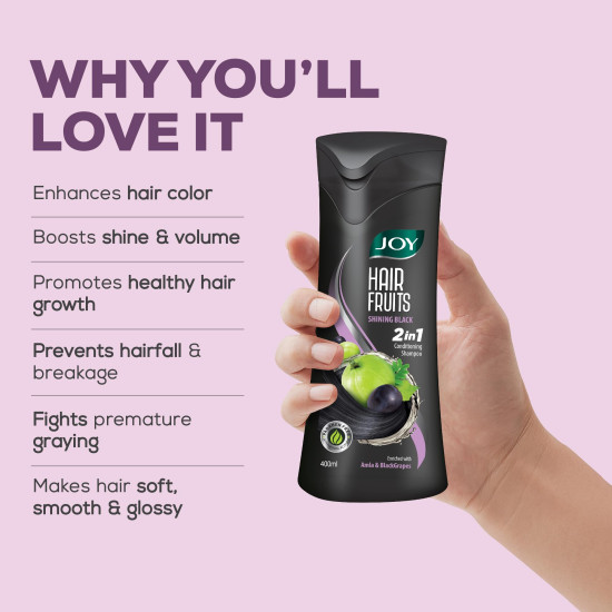 Joy Hair Fruits Shining Black Conditioning Shampoo Enriched with Amla & Black Grapes, 340 ml