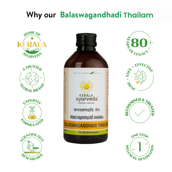 KERALA ayurveda Balaswagandhadi Tailam 200ml | Improved Muscle Strength| Relieves Weakness & Tiredness After Illness | Herbal Massage Oil | With Bala, Aswagandha, Laksha, and Sesame Oil