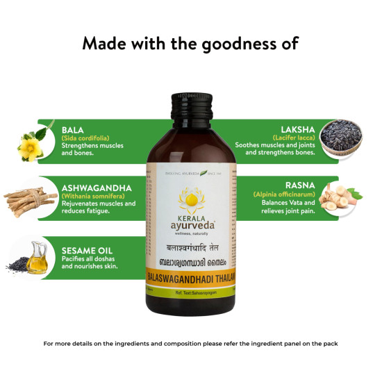 KERALA ayurveda Balaswagandhadi Tailam 200ml | Improved Muscle Strength| Relieves Weakness & Tiredness After Illness | Herbal Massage Oil | With Bala, Aswagandha, Laksha, and Sesame Oil