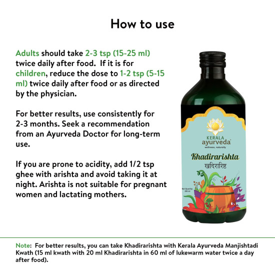 Kerala Ayurveda Khadirarishta 450ml | Herbal Blood Purifier | For Acne Relief| Tonic For Sensitive Skin| For Pimple Free Skin| Blood Purifier for Glowing Skin| 100% Ayurvedic | With Khadira, Devadaru, and Bakuchi|