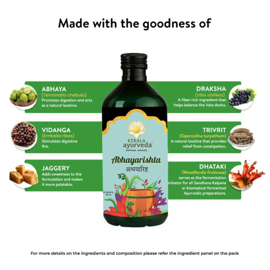 Kerala Ayurveda Abhayarishta 450ml | Bowel wellness | Constipation Relief | Aids in Detoxification | Non-Habit Forming | Safe & Natural Laxative | Colon Cleanser | Gut Health | 100% Ayurvedic| Relief from Kabz | With Abhaya, Vidanga, Draksha |