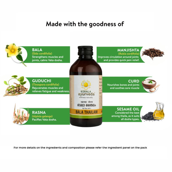 Kerala Ayurveda Bala Thailam 200ml | Muscle and Bone Strengthening Abhyanga Oil | Age Related Joint Issues| For Healthy Joints & Muscles | With Bala, Guduchi, Rasna, Curd, Milk, and Sesame Oil