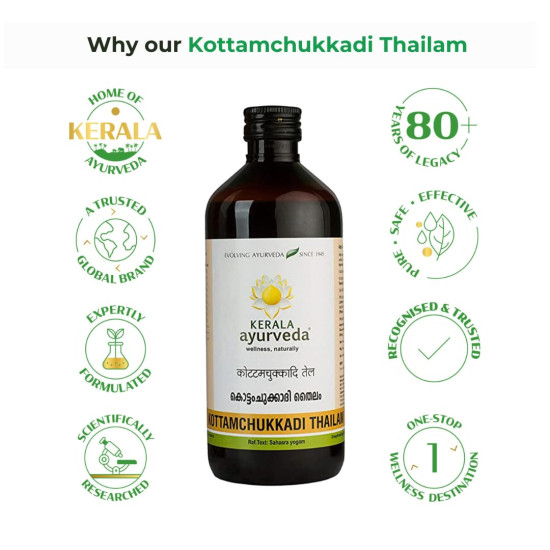 Kerala Ayurveda Kottamchukkadi Thailam 450 ML| For Tennis Elbow & Sports injuries | Relieves joint swelling and inflammation | Oil for Spondylosis| Cervical Spondylosis Pain Relief Oil | With Kottam, Chukku, Rasna, Devadaru in Sesame oil |