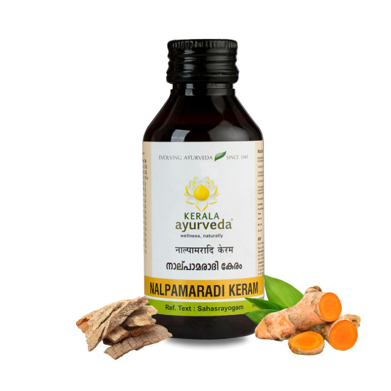 Kerala Ayurveda Nalpamaradi Keram 100ml | Face & Body Oil | Detan Oil | For All Skin Types| Suitable for All Skin Types | Removes Tan and Dark Spots | Heals Skin | With Nalpamara, Haridra, Usira, Amla, Manjistha, Raktachandana | Coconut Oil Base |