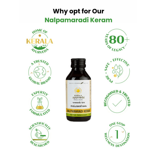 Kerala Ayurveda Nalpamaradi Keram 100ml | Face & Body Oil | Detan Oil | For All Skin Types| Suitable for All Skin Types | Removes Tan and Dark Spots | Heals Skin | With Nalpamara, Haridra, Usira, Amla, Manjistha, Raktachandana | Coconut Oil Base |