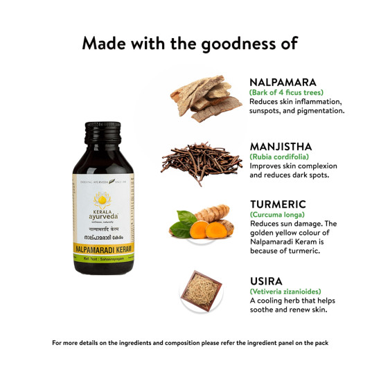 Kerala Ayurveda Nalpamaradi Keram 100ml | Face & Body Oil | Detan Oil | For All Skin Types| Suitable for All Skin Types | Removes Tan and Dark Spots | Heals Skin | With Nalpamara, Haridra, Usira, Amla, Manjistha, Raktachandana | Coconut Oil Base |