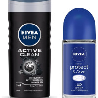 NIVEA Deodorant Roll On for Men, Protect & Care, 50ml and Shower Gel, Active Clean Body Wash for Men, 250ml