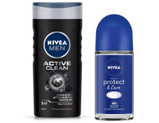 NIVEA Deodorant Roll On for Men, Protect & Care, 50ml and Shower Gel, Active Clean Body Wash for Men, 250ml