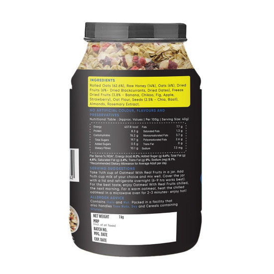 True Elements Whole Oatmeal 1kg - Overnight Oats | Breakfast Food | Healthy Diet | Oatmeal for Breakfast | Oats with Chia Seeds, Dry Fruits and Nuts | 9.8g Protein True Elements Whole Oatmeal 1kg - Overnight Oats | Breakfast Food | Healthy Diet | Oatmeal for Breakfast | Oats with Chia Seeds, Dry Fruits and Nuts | 9.8g Protein