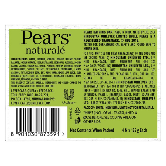 Pears Naturalé Detoxifying Soap Bar, Aloe Vera, 125g (Pack of 4)