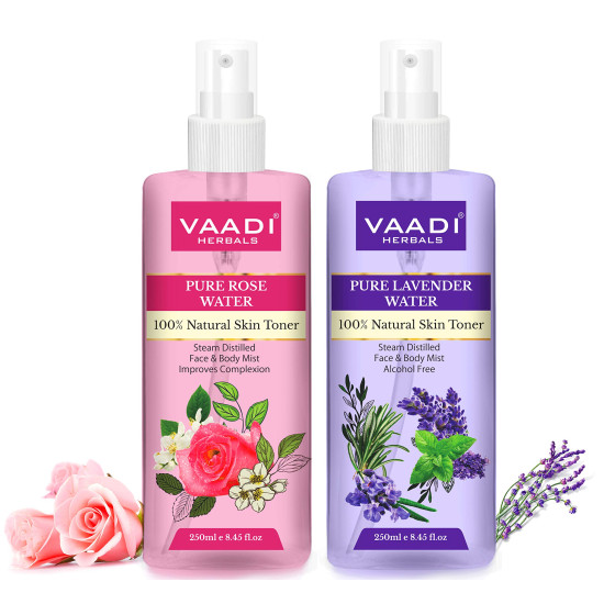 Vaadi Herbals Pvt. Ltd Pack Of 2 - Rose Water & Lavender Water - 100% Natural & Pure, 250 ml (Pack of 2)