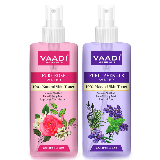 Vaadi Herbals Pvt. Ltd Pack Of 2 - Rose Water & Lavender Water - 100% Natural & Pure, 250 ml (Pack of 2)