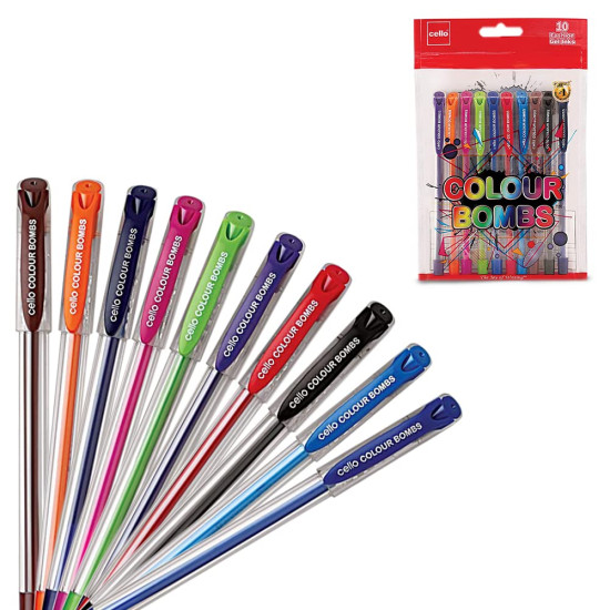 Cello Colour Bombs coloured ink Gel pens - Pack of 10 (Assorted) | 10 vivid ink colours | Ideal for art, project work, journal work, presentations