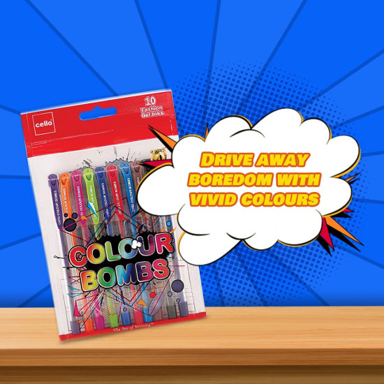 Cello Colour Bombs coloured ink Gel pens - Pack of 10 (Assorted) | 10 vivid ink colours | Ideal for art, project work, journal work, presentations