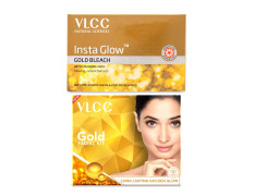 VLCC Gold Facial Kit, Bright & Glowing Skin - 60g and VLCC Insta Glow Gold Bleach - 30g | For Instant Fairness & Glowing Skin with Gold, and Turmeric