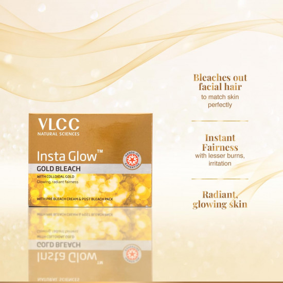 VLCC Gold Facial Kit, Bright & Glowing Skin - 60g and VLCC Insta Glow Gold Bleach - 30g | For Instant Fairness & Glowing Skin with Gold, and Turmeric