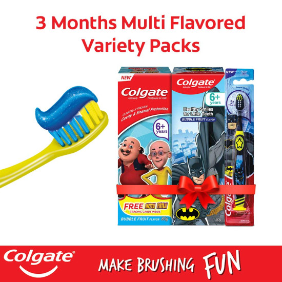 Colgate Kids Oral Care Variety Pack (for 6+ Years) – Motu-Patlu and Batman (Bubble Fruit) Toothpaste, 80g each with Batman Toothbrush, 1pc