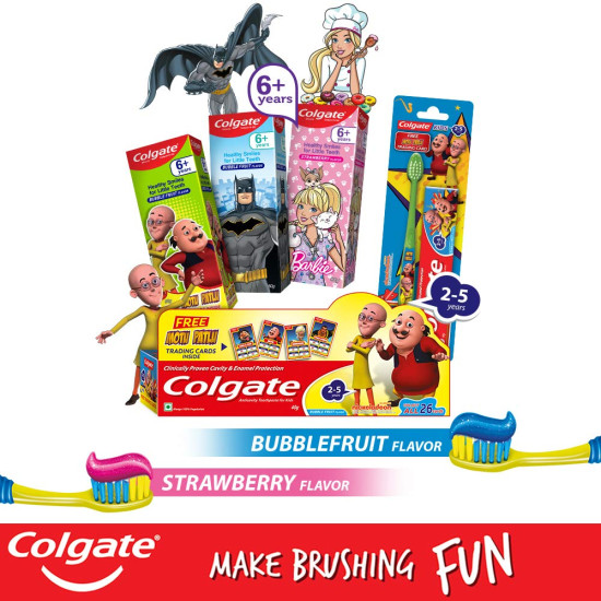 Colgate Kids Oral Care Variety Pack (for 6+ Years) – Motu-Patlu and Batman (Bubble Fruit) Toothpaste, 80g each with Batman Toothbrush, 1pc