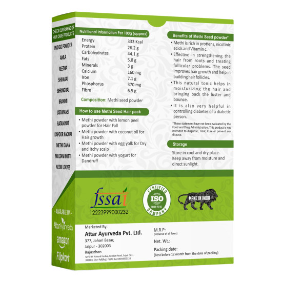 Attar Ayurveda Methi Seed Powder For Hair Growth - 200 g | Fenugreek Powder