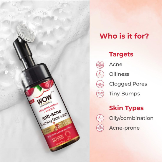 WOW Skin Science Apple Cider Vinegar Foaming Face Wash - No Parabens, Sulphate & Silicones (with built-in brush)