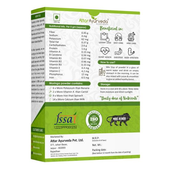 Attar Ayurveda 100% Moringa Leaf Powder (200g) | Drumstick Leaf powder | Herbal Supplement | Good for Immunity, Digestion, skincare and Haircare | 100% Natural and Preservative-free