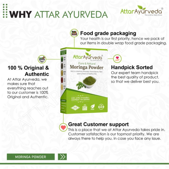 Attar Ayurveda 100% Moringa Leaf Powder (200g) | Drumstick Leaf powder | Herbal Supplement | Good for Immunity, Digestion, skincare and Haircare | 100% Natural and Preservative-free