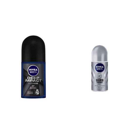 Nivea Deodorant Roll On for Men, Deep Impact Freshness, 50ml and Deodorant Roll On for Men, Silver Protect, 50ml