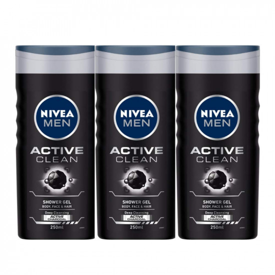 Nivea Men Active Clean Shower Gel, 250ml (Pack of 3)